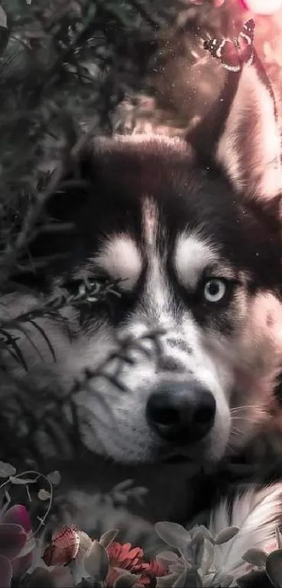 Husky dog in a mystical floral setting, surrounded by vibrant flowers.