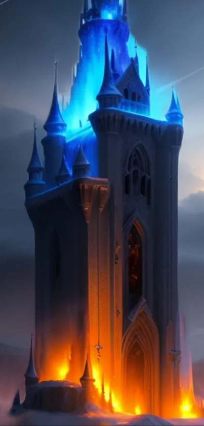 Majestic icy castle with blue and orange firelight.