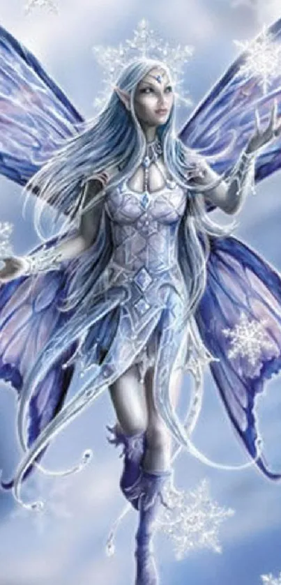 Enchanting ice fairy with snowflakes and blue wings design.