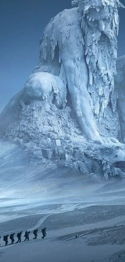 Icy giant sculpture in a snowy landscape.