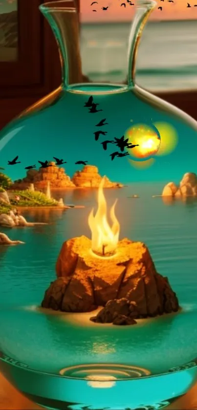 Captivating island in a glass vase with a flaming rock centerpiece.