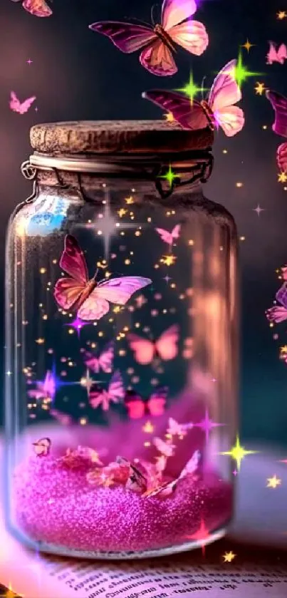 Glass jar with pink butterflies and sparkles.