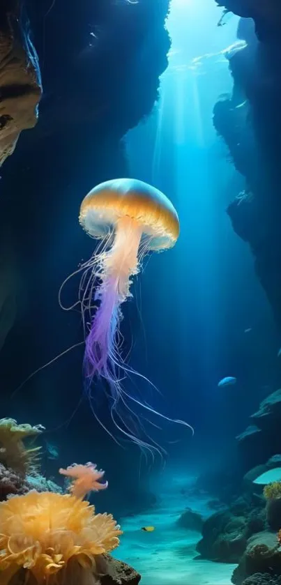 Jellyfish glows in a sunlit underwater cave surrounded by corals.