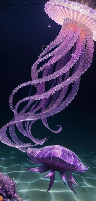 Enchanting purple jellyfish in a vibrant underwater scene.