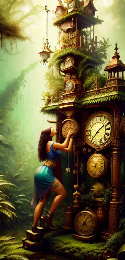 Enchanted jungle tower with clocks and lush greenery.