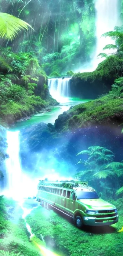 Lush green jungle with waterfalls and a vehicle for a mobile wallpaper.