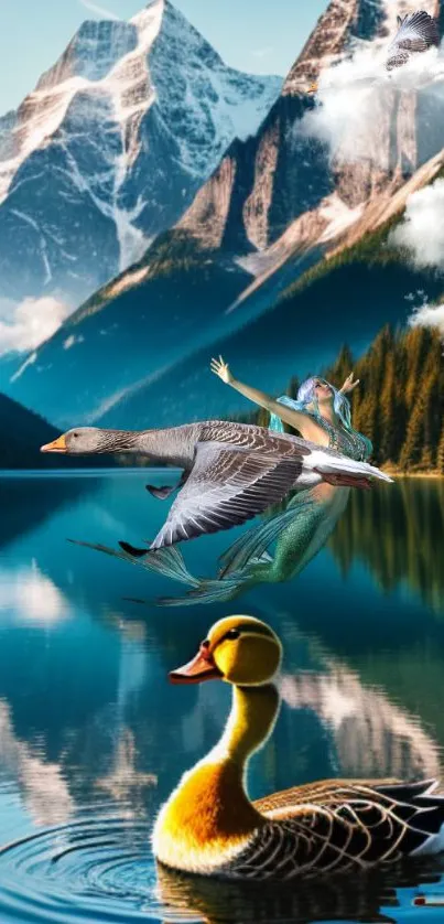 Enchanting mountain lake with majestic ducks and serene reflections.