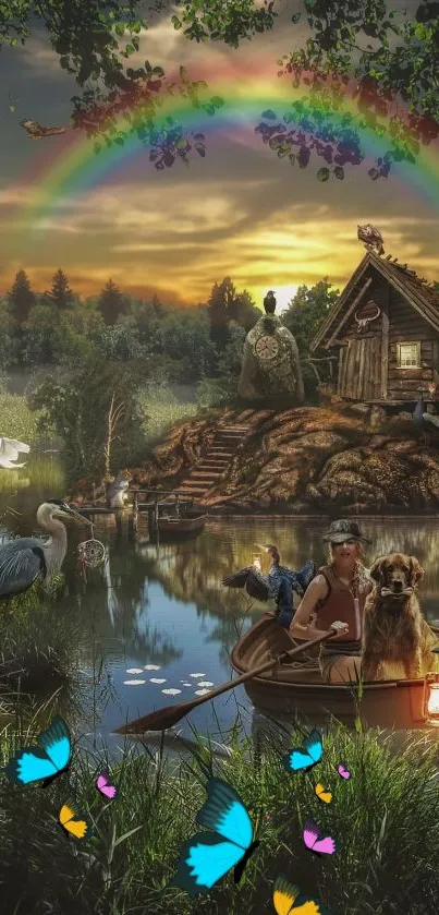 Enchanted lakeside scene with cabin and wildlife at sunset.