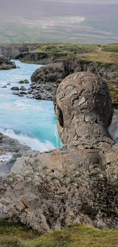 Mystical stone figure overlooking a scenic river and castle in a green landscape.