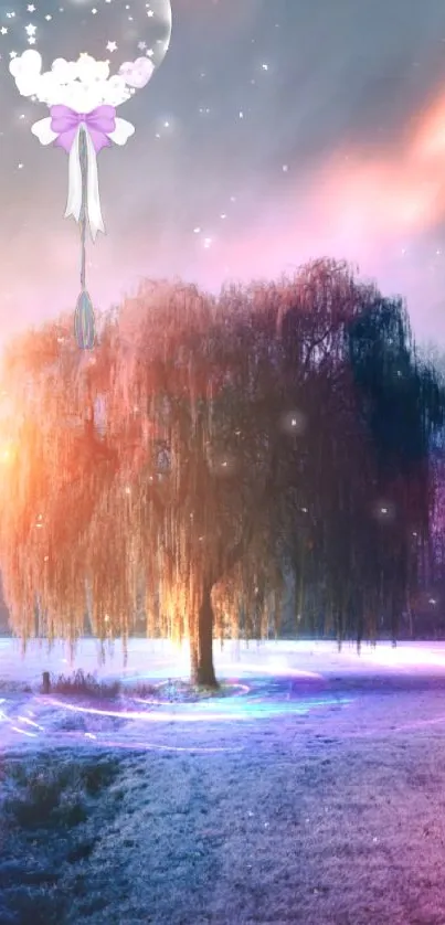 Magical tree with pinkish purple sky and glowing surroundings in a fantasy landscape.