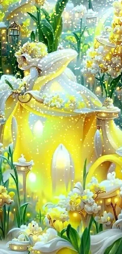 Golden lantern surrounded by vibrant yellow flowers in a fantasy garden setting.