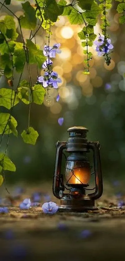 Vintage lantern in a lush garden with green leaves and purple flowers.