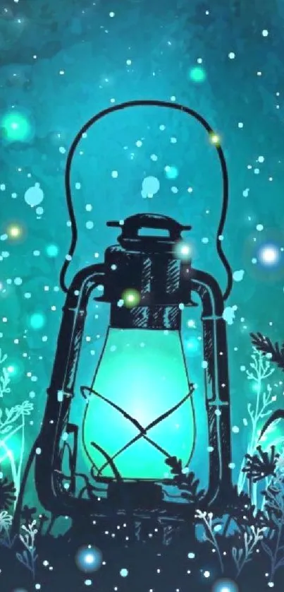 Enchanted teal lantern glowing in mystical foliage with a serene night sky.