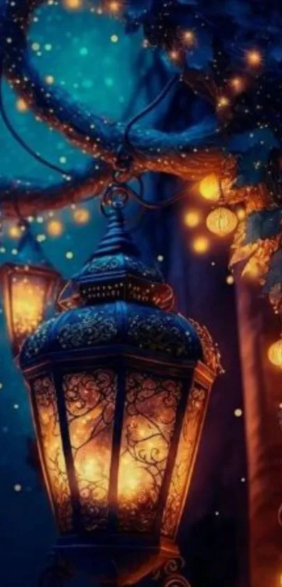 Enchanting night scene with glowing lanterns and a magical forest ambiance.