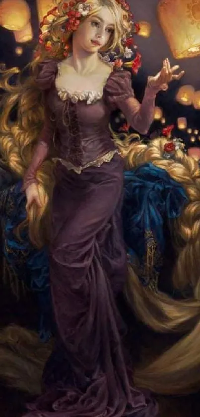 Fantasy art wallpaper with lanterns and elegantly dressed figure.