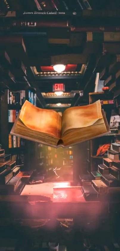 Floating book in magical library setting mobile wallpaper.