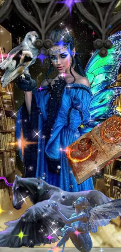 Fantasy fairy in blue dress with wings in a mystical library setting.