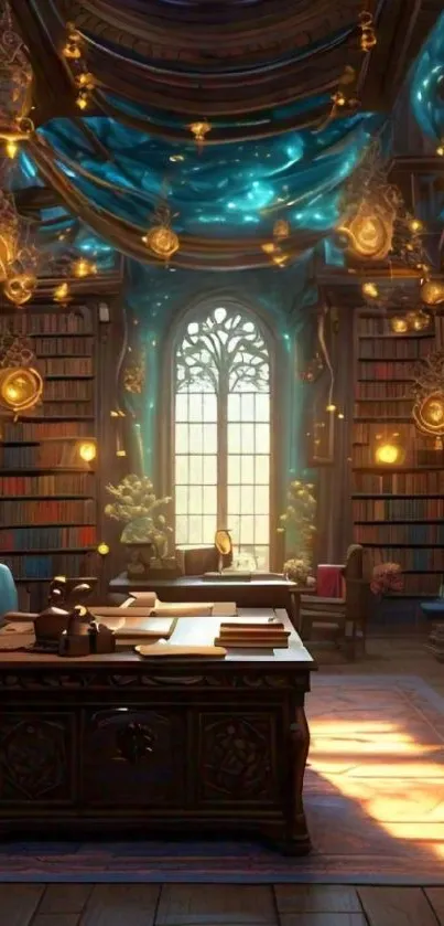 Enchanted fantasy library with glowing lights and tall bookshelves.