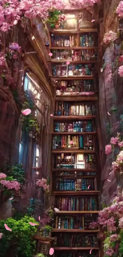 Magical library surrounded by vibrant pink cherry blossoms.