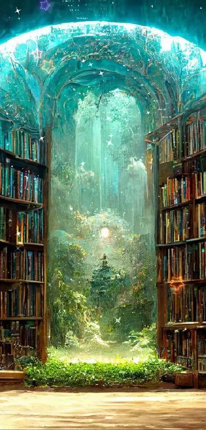 Enchanted library portal with lush forest view.