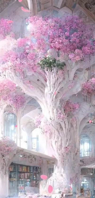 Magical library with a large pink blossoming tree and books.