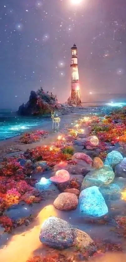 Enchanted lighthouse with vibrant night colors in a captivating fantasy landscape.