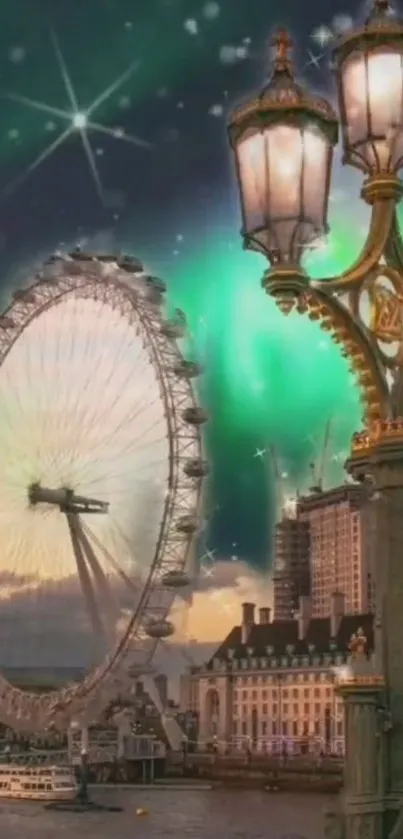 London skyline with aurora lights and street lamps at night.