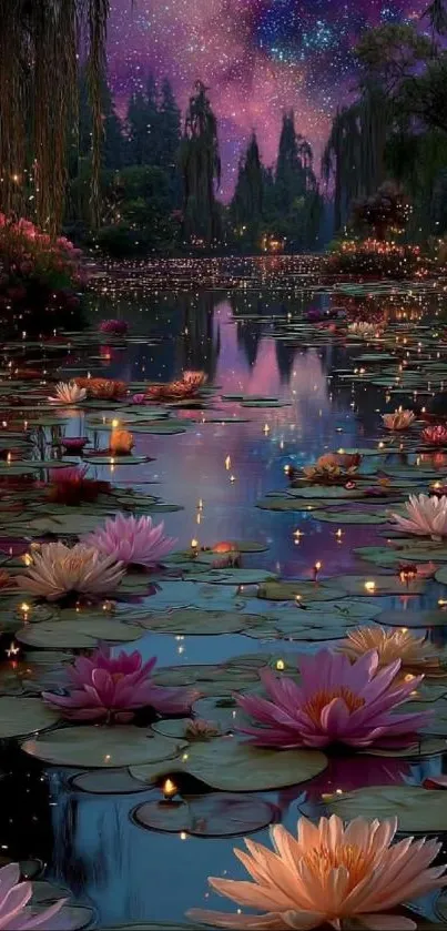 Enchanted lotus lake under a starry sky, perfect for phone wallpaper.