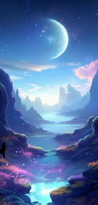 A majestic moonlit landscape with vibrant colors, perfect for fantasy wallpaper.