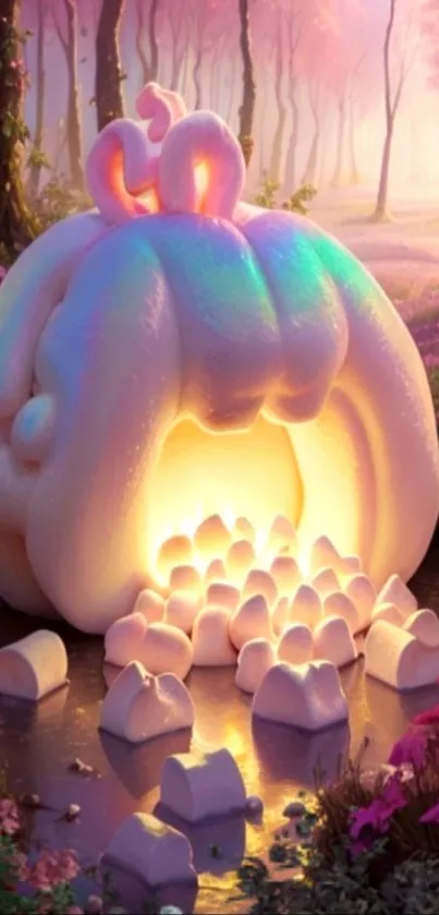 A magical scene with glowing marshmallows in a pink enchanted forest.