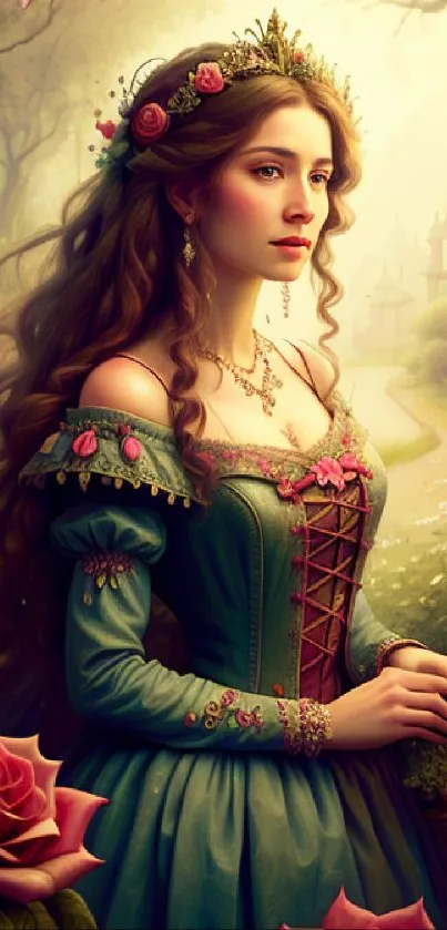 Medieval princess in a fantasy setting, surrounded by roses.