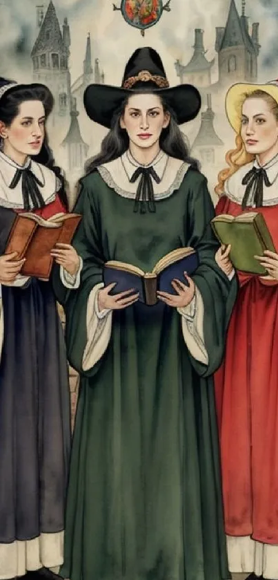 Medieval trio of women with books in a castle backdrop.