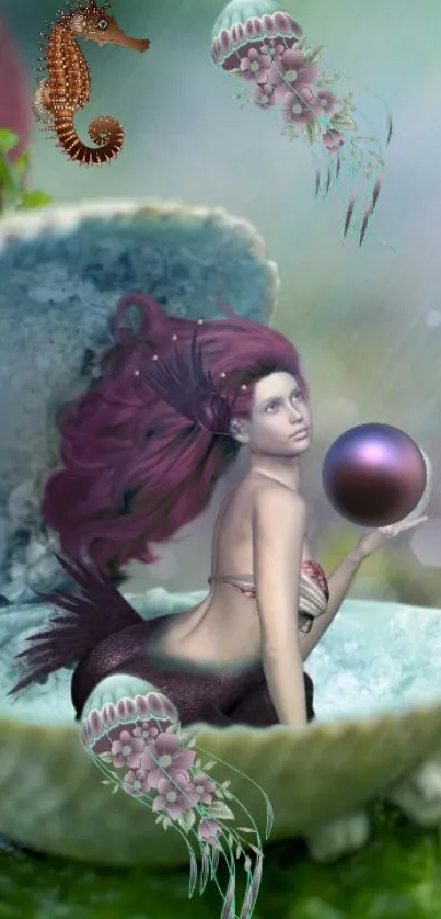 Fantasy mermaid holding pearl in seashell with marine life.