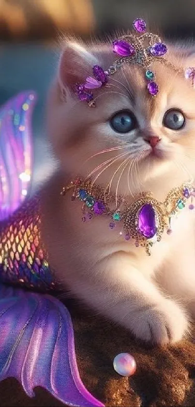 A kitten with a mermaid tail adorned in jewels, sitting elegantly.