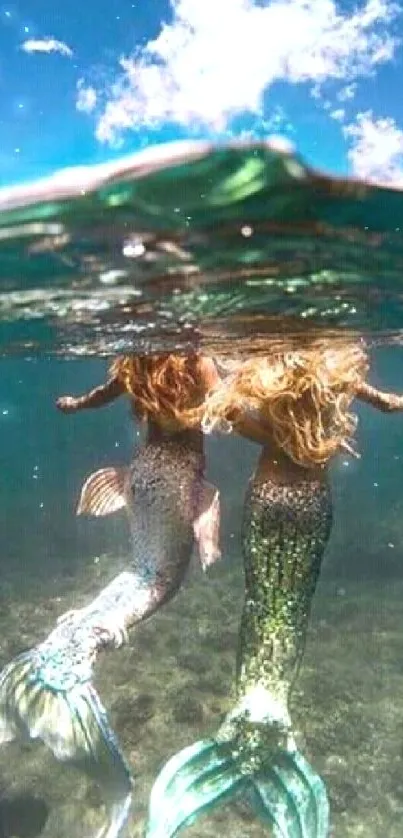 Two mermaids swimming under turquoise ocean waves.