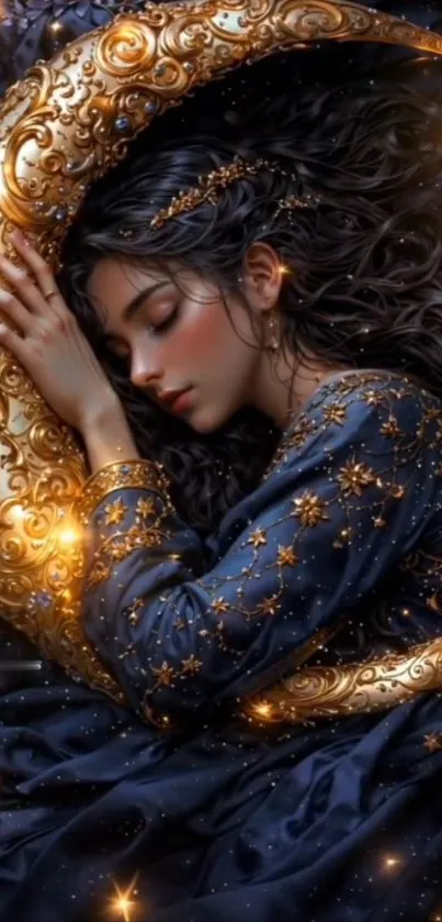 A serene scene of a woman sleeping with a golden crescent moon.