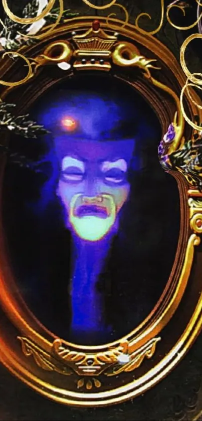 Enchanted mirror with mystical face artwork.