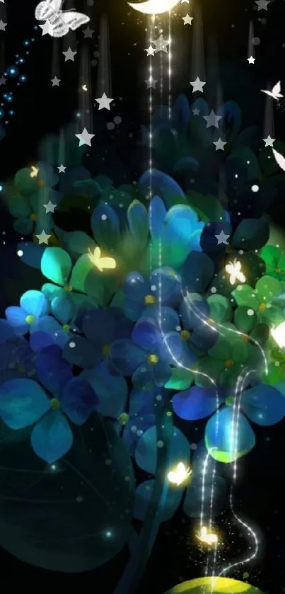 Magical night scene with moonlit flowers and butterflies on a dark background.