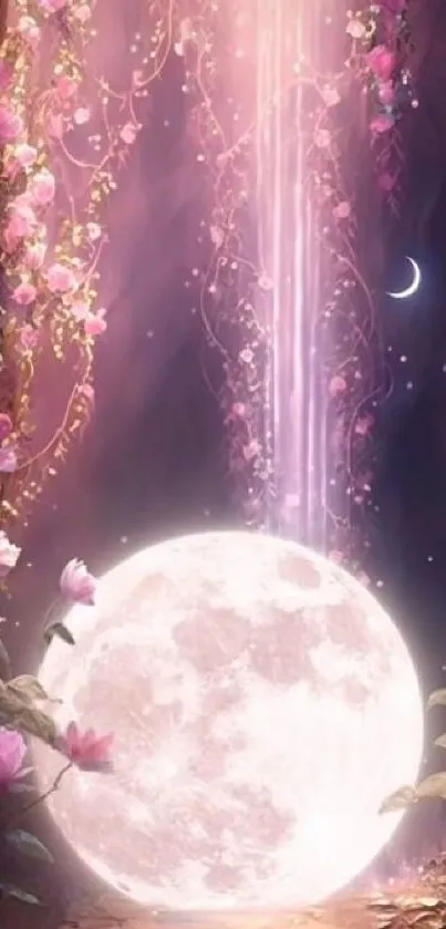 Enchanted forest wallpaper with moonlight and pink roses.