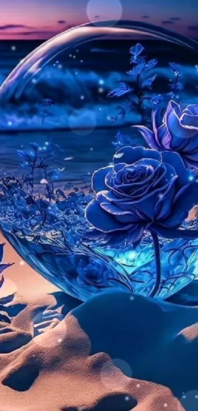 A dreamy moonlit beach with glowing blue roses and a glass sphere.