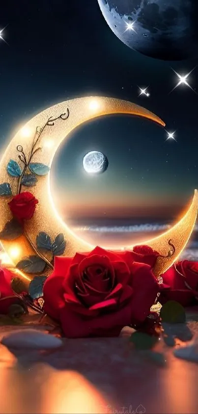 Glowing crescent moon with roses on a moonlit beach under a starry sky.