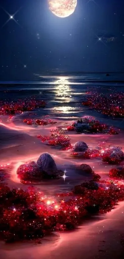 Enchanting moonlit beach with red glowing trail.