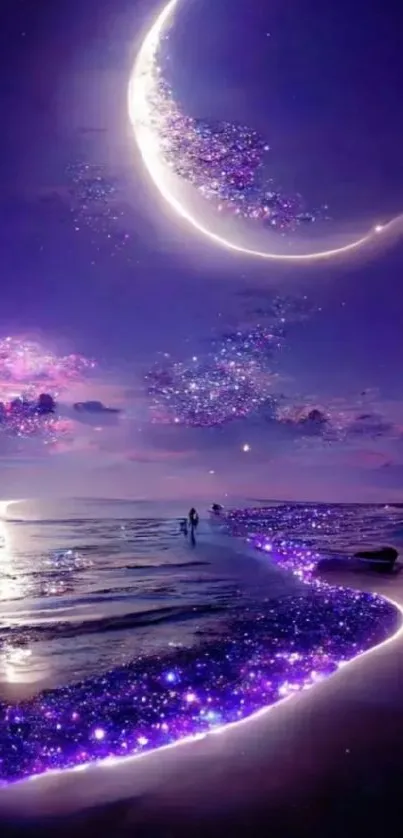 Mystical beach under crescent moon with purple glowing sand.