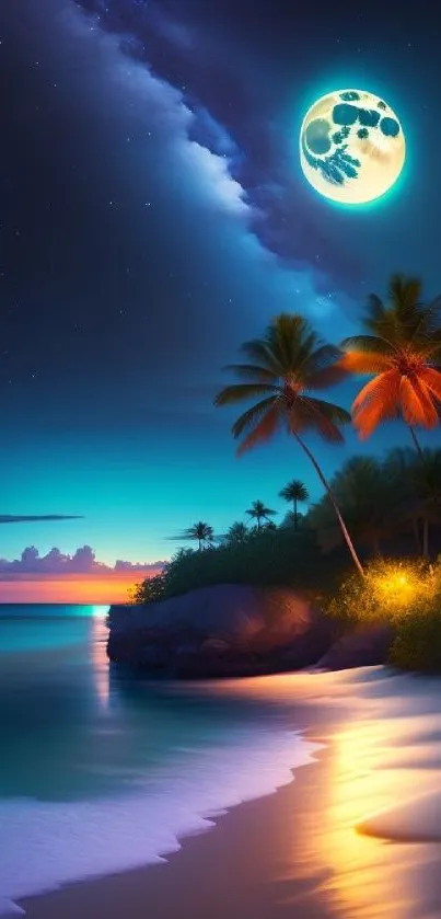Moonlit tropical beach with palm trees under a vibrant night sky.