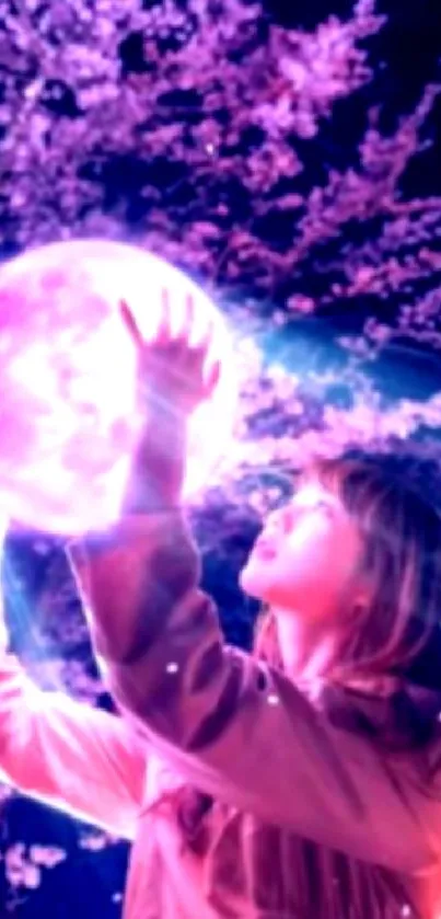 Girl holding glowing orb under cherry blossoms.