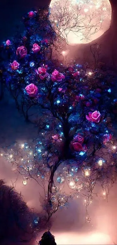 Mobile wallpaper with glowing pink roses under a moonlit night.