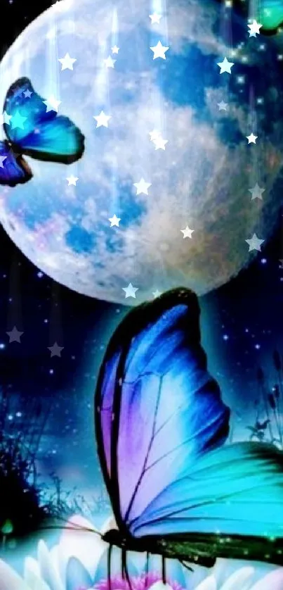 Enchanting wallpaper with vibrant butterflies and a large moon casting a magical glow.