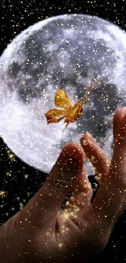 A hand releases a golden butterfly under a full moon surrounded by twinkling stars.