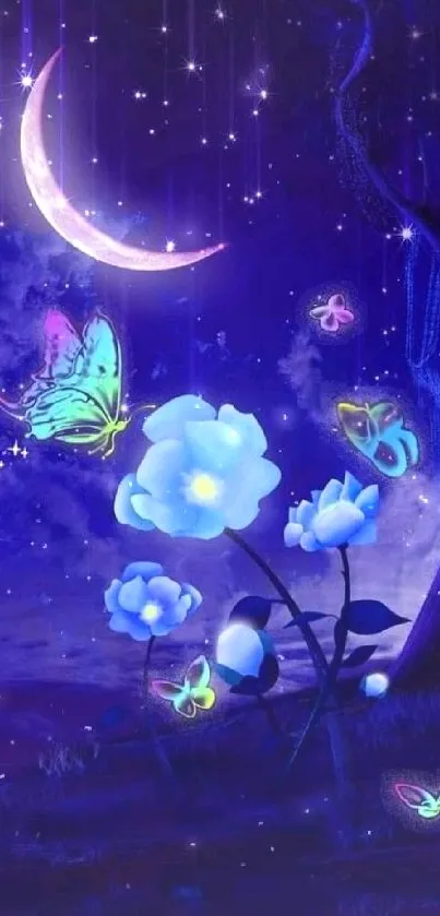 Enchanted night with glowing butterflies and flowers under a moonlit sky.