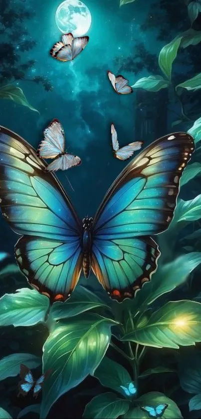 A blue butterfly in a moonlit forest with mystical lighting.